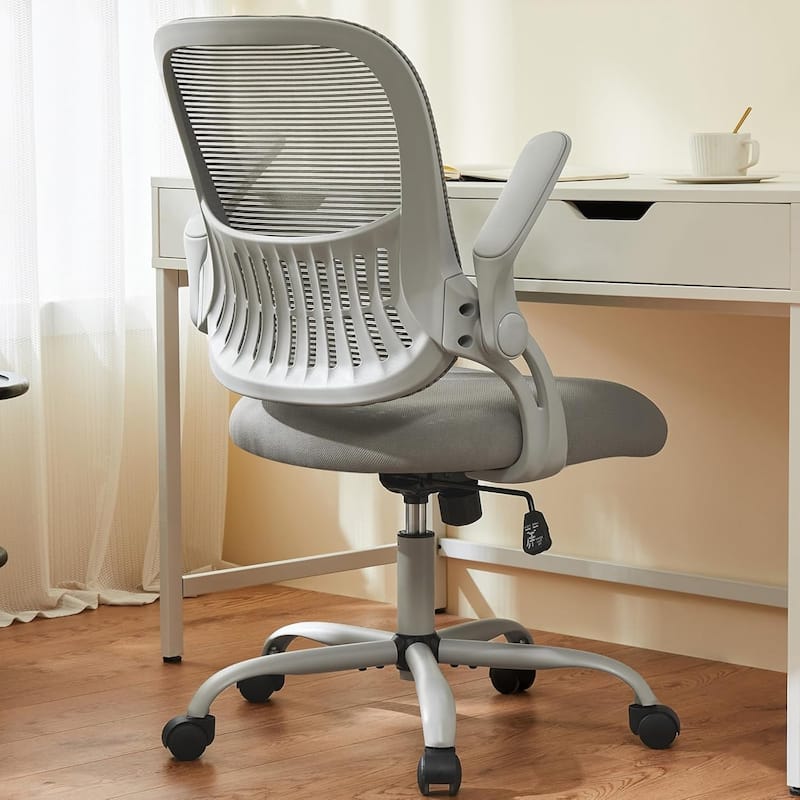 Office Computer Desk Chair, Ergonomic Mid-Back Mesh Rolling Swivel Task Chairs, Comfortable Lumbar Support, Comfy Flip-up Arms - Grey