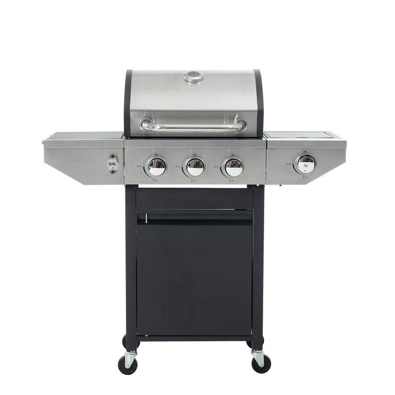 Stainless Steel Gas Grill with Side Burner and Thermometer for Outdoor BBQ, Camping - Propane Gas - Silver