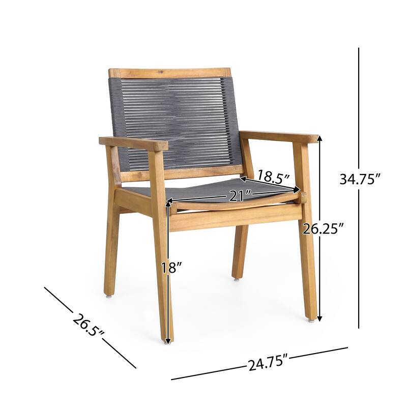 Roomfitters Modern Outdoor Patio Chairs Set of 2, Acacia Wood Frame and Rope Backrest, Grey