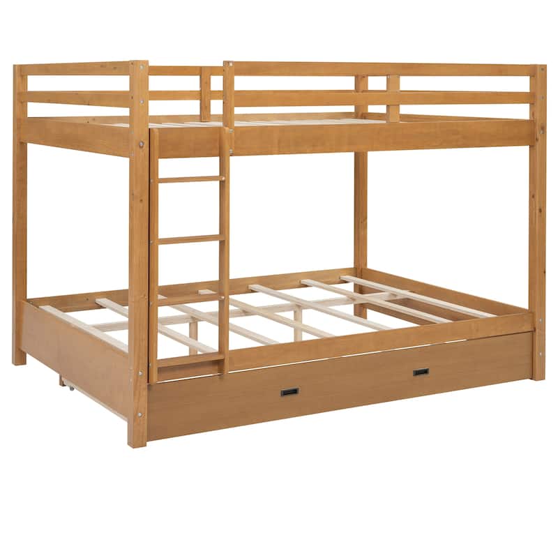 Wood Queen Size Bunk Bed with Ladder and Trundle