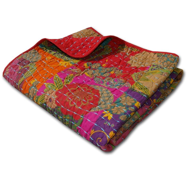 Greenland Home Fashions Jewel 100% Cotton Kantha-Quilted Boho Floral Throw Blanket - Red