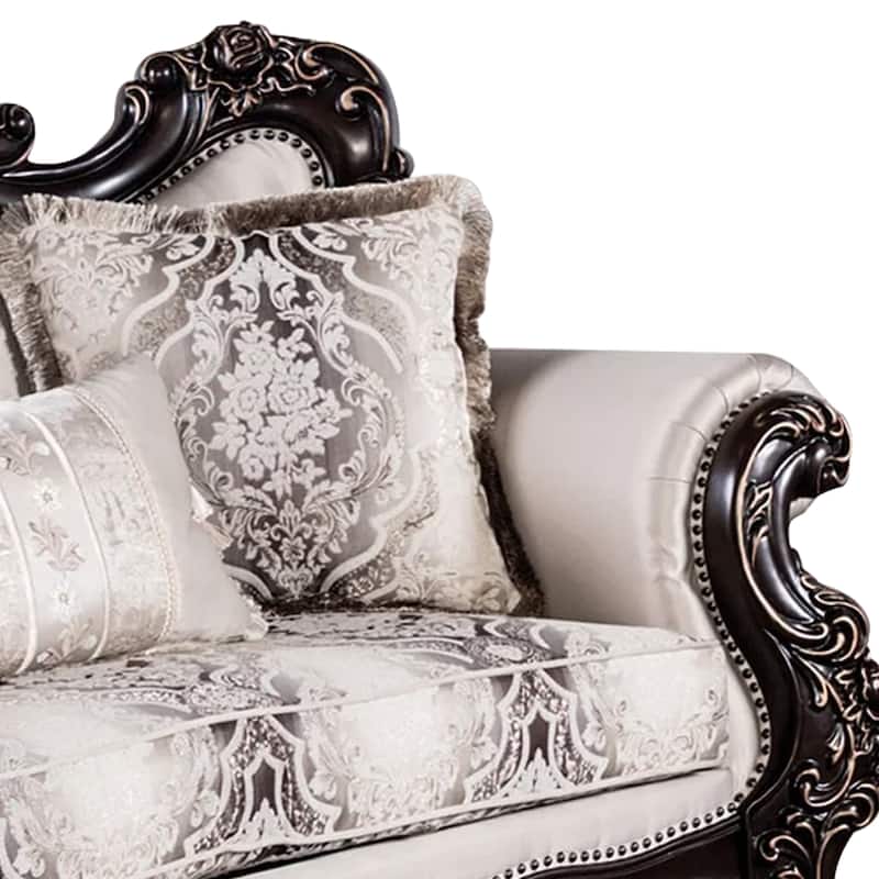 Puhi Loveseat w Accent Pillows, Beige Fabric, Ornate Carved Wood, 70 Inch