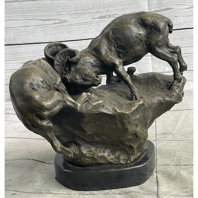 Two Rams Butting Heads Bronze Sculpture Statue Signed Art On Marble Base