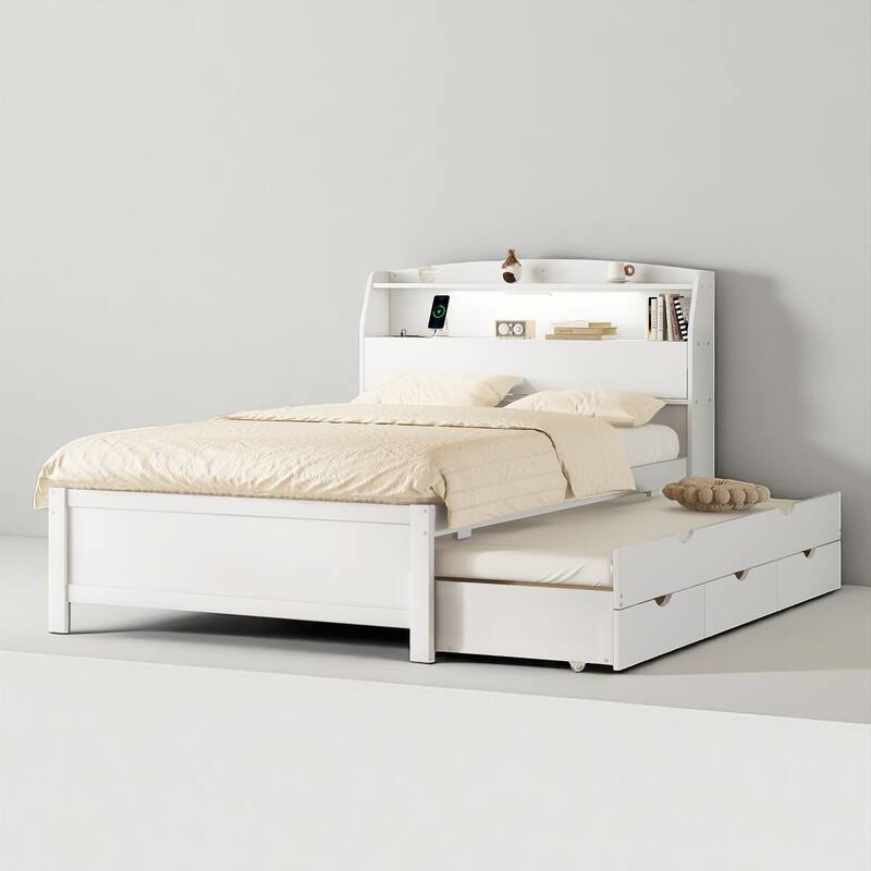 Wooden Twin/Full Platform Bed with Trundle, Flip-Up Headboard Storage, LED & USB Ports, Drawers