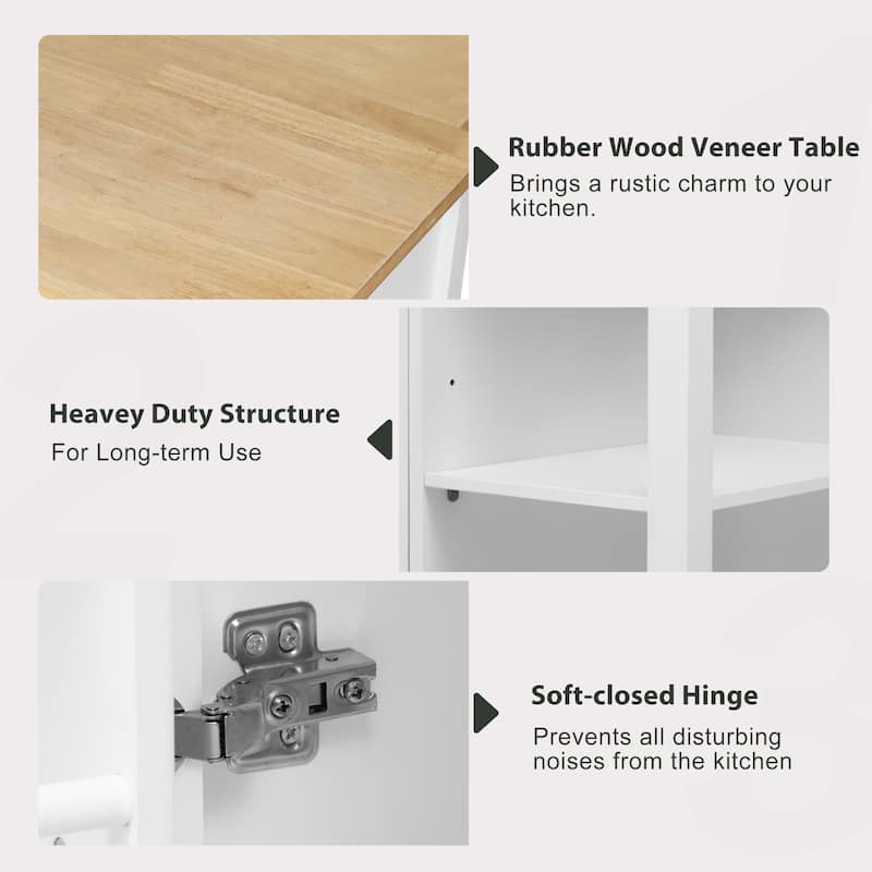 47" Kitchen Island with Extendable Table, Power Outlet, Rubber Wood Top, Storage Cabinet & Drawers