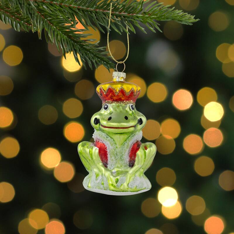 Prince Frog Glass Christmas Hanging Ornament - 3.5" - Lime Green and Red