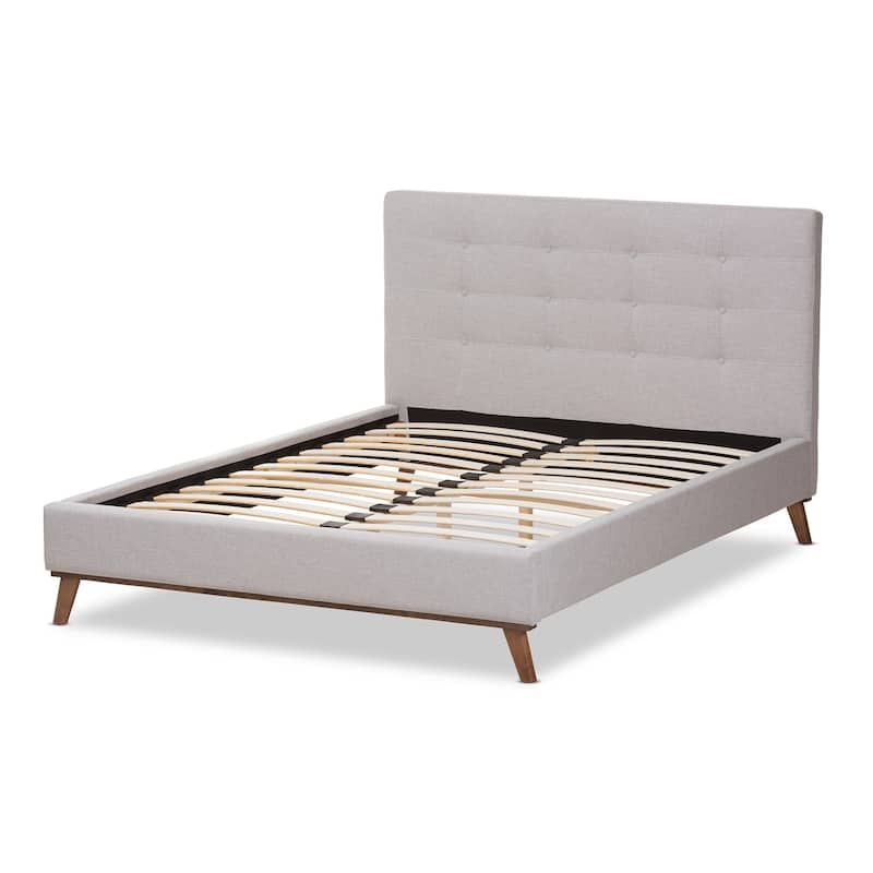 Queen Size Platform Bed - Modern Fabric Bed Frame with Wood Legs - Greyish Beige Bedroom Furniture