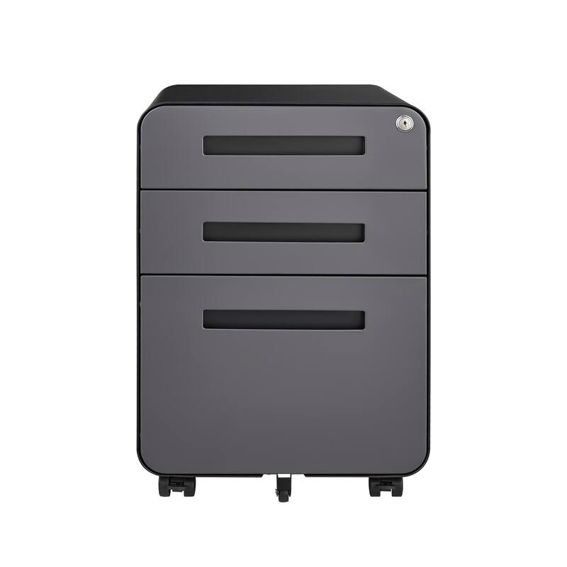 3-Drawer Locking Mobile File Cabinet with Wheels, Metal Home Office Storage Cabinet with Pencil Tray & Hanging Bars - DARK GREY
