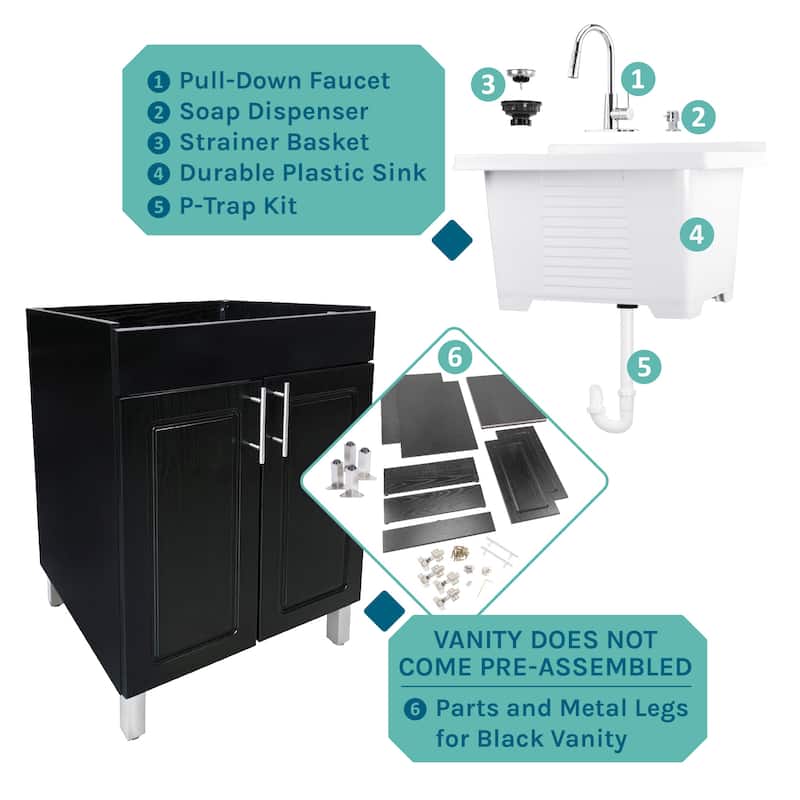 TEHILA Black Utility Sink Cabinet, High Arc Faucet, Soap Dispenser