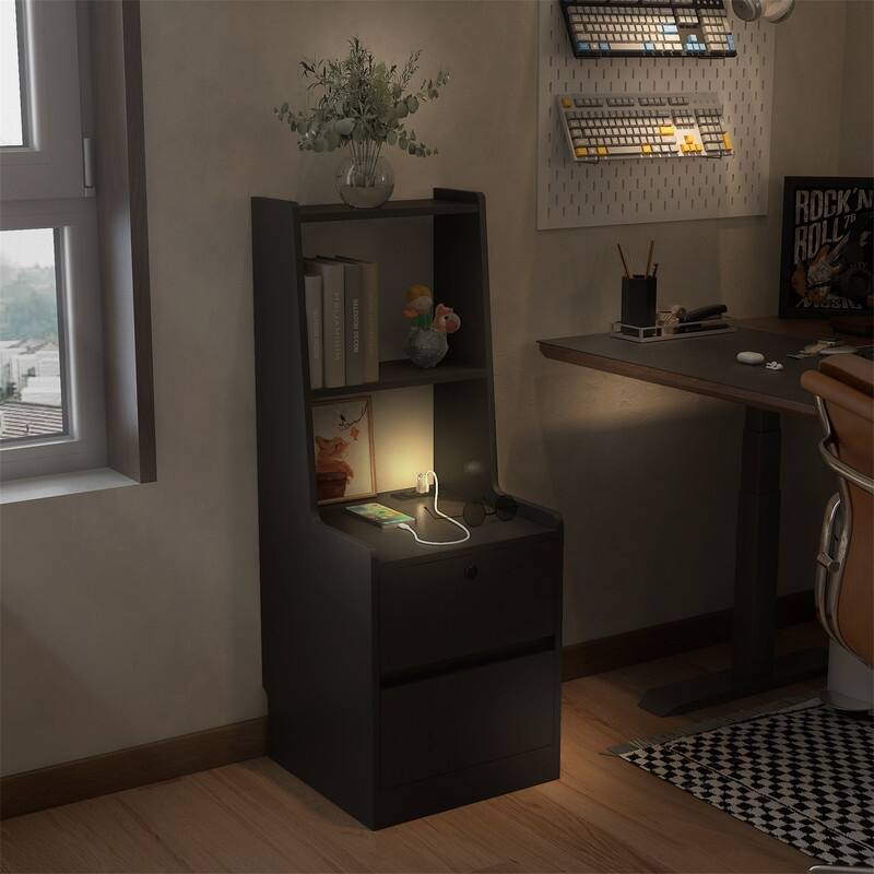 Smart Nightstand with 2 Drawers, Night Light and Charging Station, Modern Bedside Table Side Table with Bookshelf for Bedroom