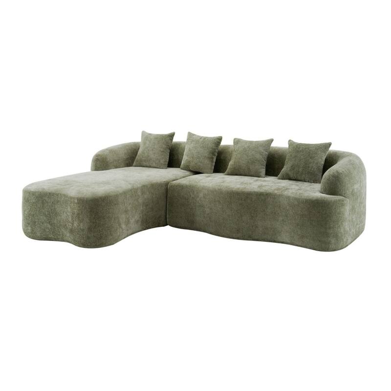 L-Shape Sectional Sofa with Curved Chaise, Beige Modular Chenille Couch
