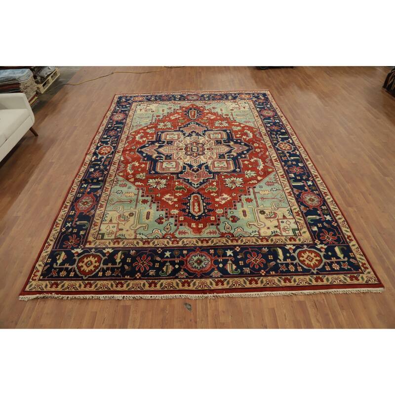 Hand Knotted Oriental 100% Wool Carpet Traditional Medallion Oranges & Rust Heriz (serapi) Area Rug - 13' 8'' X 9' 9''