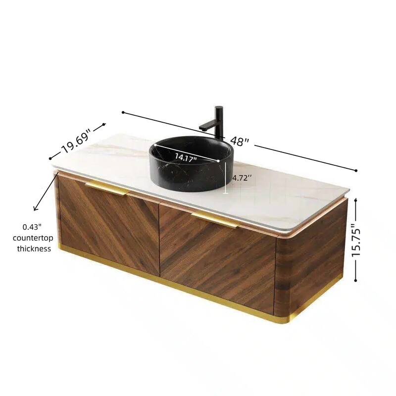 Floating Bathroom Vanity with Sintered Stone Top and Black Ceramic Round Basin