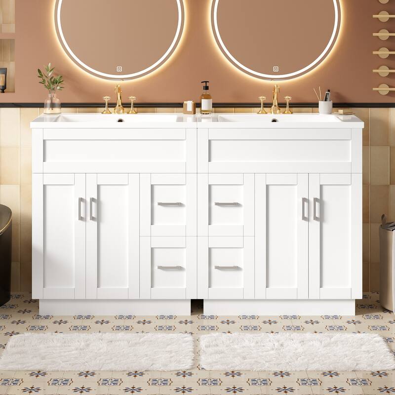 30" Bathroom Vanity Set / 60" Double Bathroom Vanities with SMC Resin Sinks - White - Center Drawers - 60 Inch