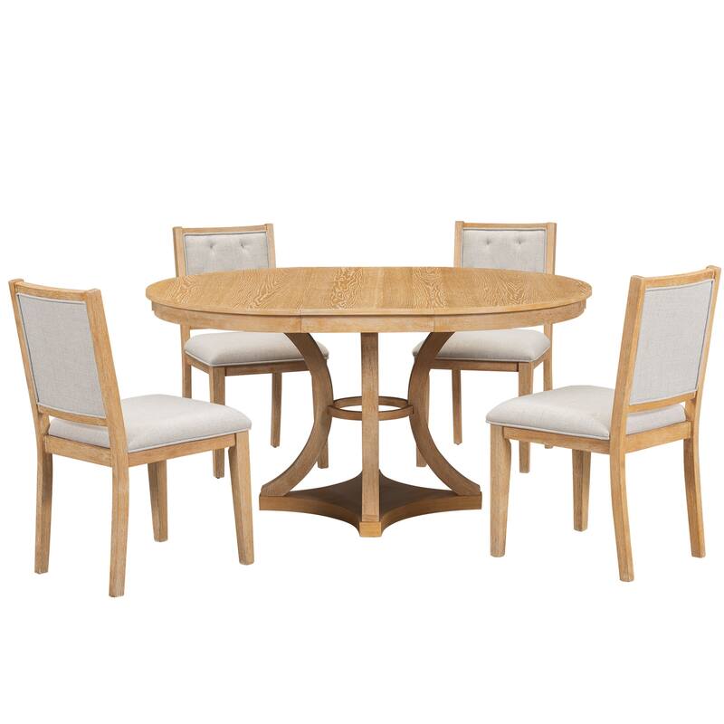 5-Piece Dining Table Set with Extendable Round Table, Kitchen Table Set with 4 Upholstered Chairs for Dining Room