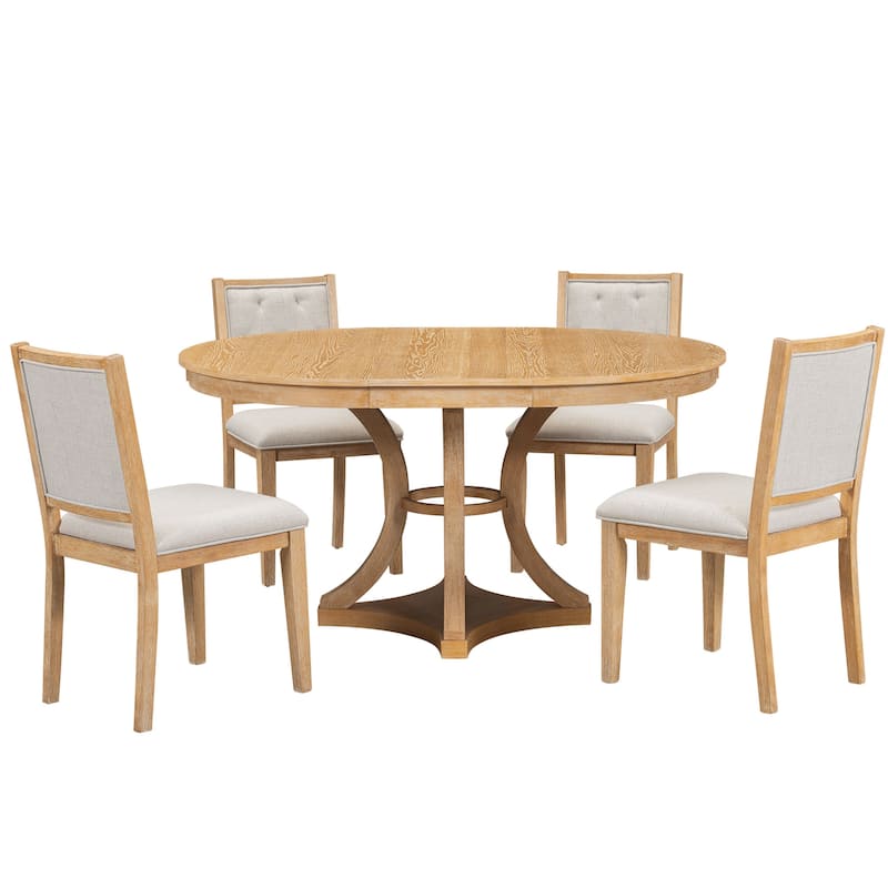 5-Piece Retro Functional Dining Table Set Extendable Round Table and 4 Upholstered Chairs for Dining Room and Living Room
