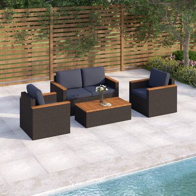 PHI VILLA 4-Piece Outdoor Conversation Rattan Sectional Sofa Set with Acacia Wood Coffee Table