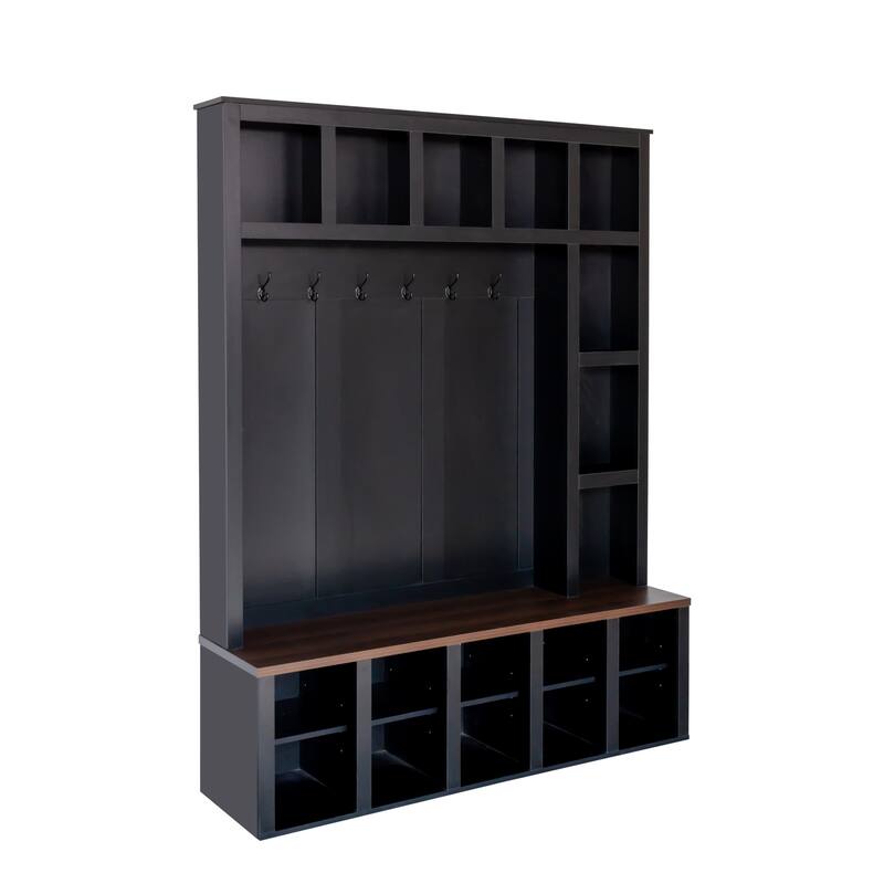 Farmhouse-Inspired Hall Tree with 6 Hooks and Adjustable Shelves, Multi-functional Shoe Cabinet and Bench