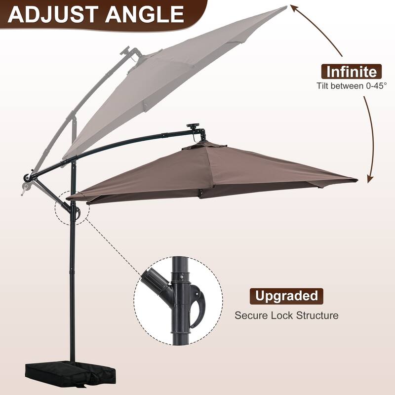 Autlaycil 10ft Offset Hanging Market Patio Umbrella With Base&Solar Lights