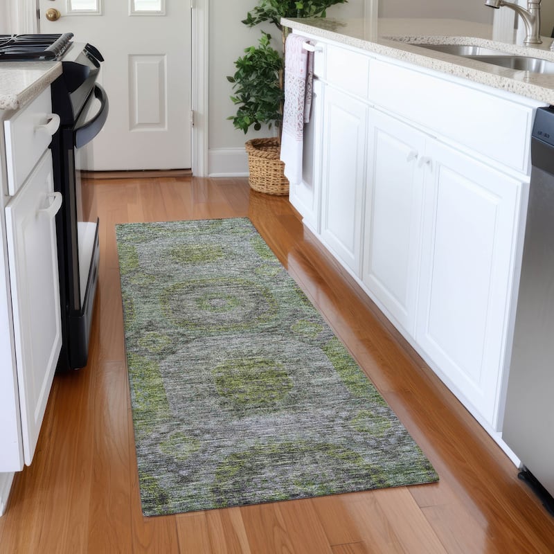 Machine Washable Indoor/ Outdoor Vintage Traditional Chantille Rug - Olive - 2'3" x 7'6"