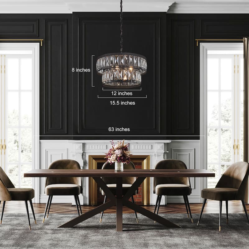 Cirstal Modern Black Crystal 4-Light 2-Tier Drum Chandelier for Dining Room - D15.5"xH10.5"