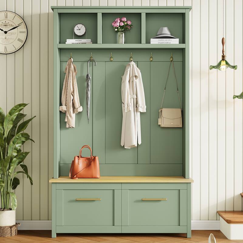 4-in-1 Hall Tree with 6 Golden Hooks Wooden Bench 2 Drawers for Entryway