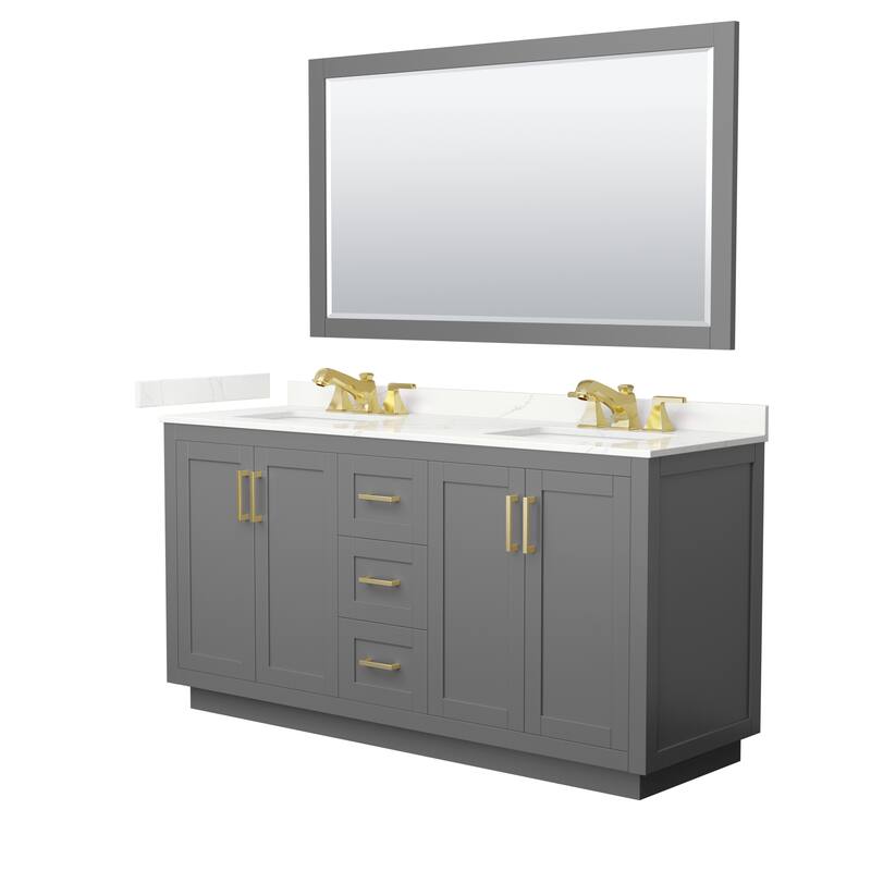 Miranda 66-inch Double Vanity, Quartz Top, 58-inch Mirror - Dark Gray, Gold Trim, Giotto Quartz Top