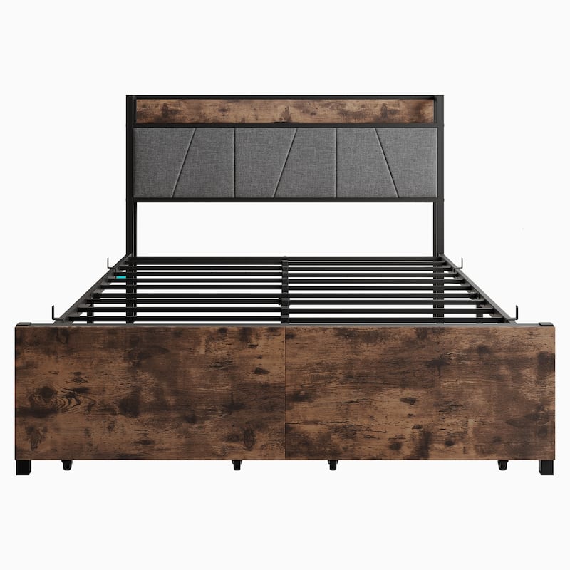 Full Size Bed Frame, Storage Headboard with Charging Station and 2 Storage Drawers