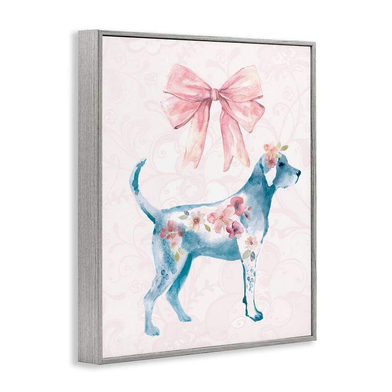 Stupell Floral Dog with Pink Ribbon Framed Giclee Art Design By Carol Robinson
