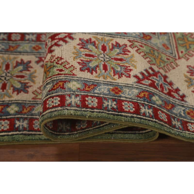 Light Green Geometric Kazak Area Rug Handmade Wool Carpet - 5'0" x 7'0"