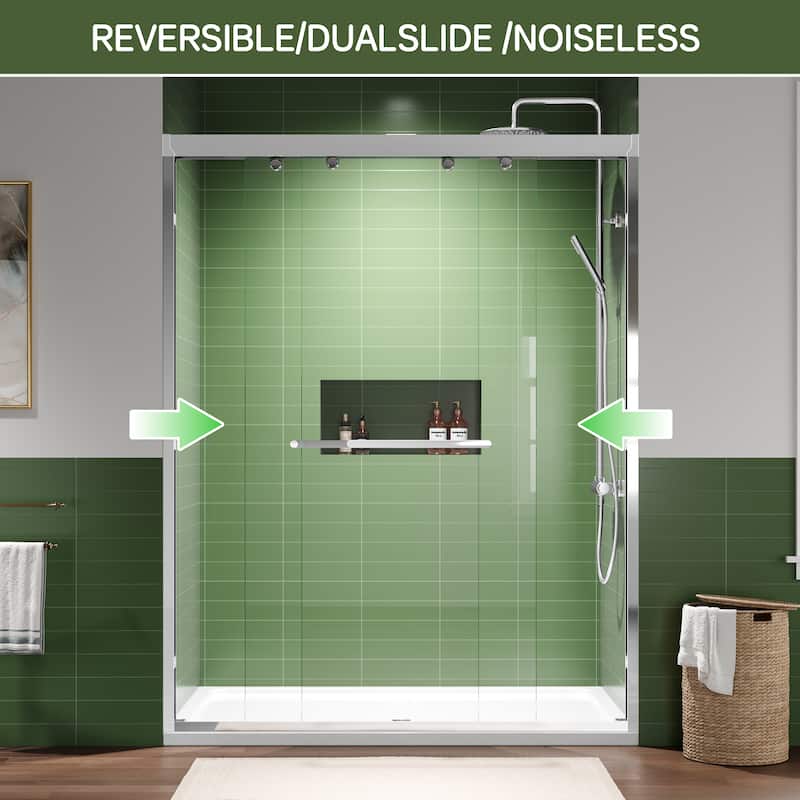 Modern 60 Inch Double Sliding Shower Door, ANSI Certified Glass, Adjustable Width, Stainless Steel Rollers