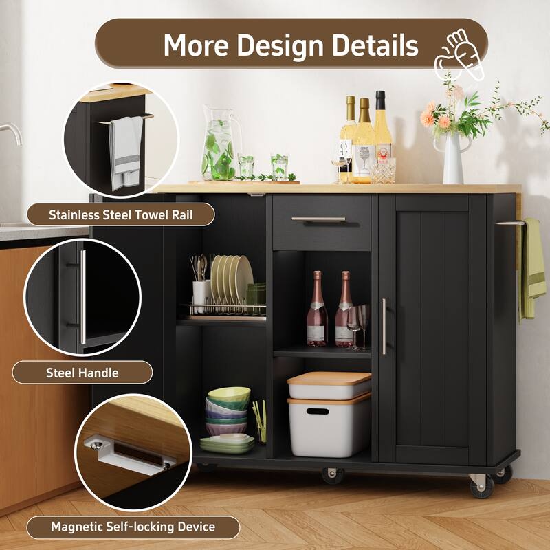 Rolling Kitchen Island Cart with Open Shelf & Drop Countertop - N/A