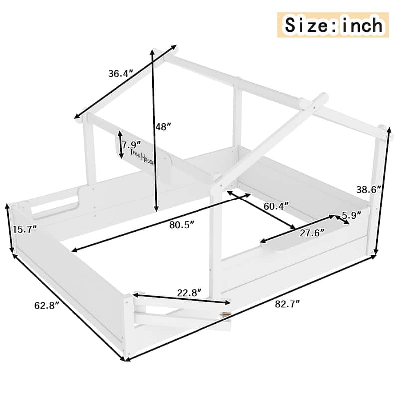 Kids House Floor Bed with Guardrails and Roof, Built-in Tray and Signboard, Montessori Floor Bed for Toddlers