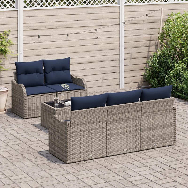 vidaXL 6 Garden Sofa Set with Cushions Black/Brown/Grey Poly Rattan - 69.3 x 24.4 x 27.2