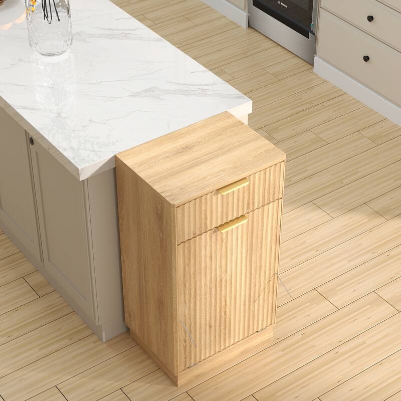 10-Gallon Woodgrain Tilt-Out Trash Can Cabinet Wooden Garbage Recycling Cabinet with Wave-Textured Hideaway Drawer&Pull-Out Bin