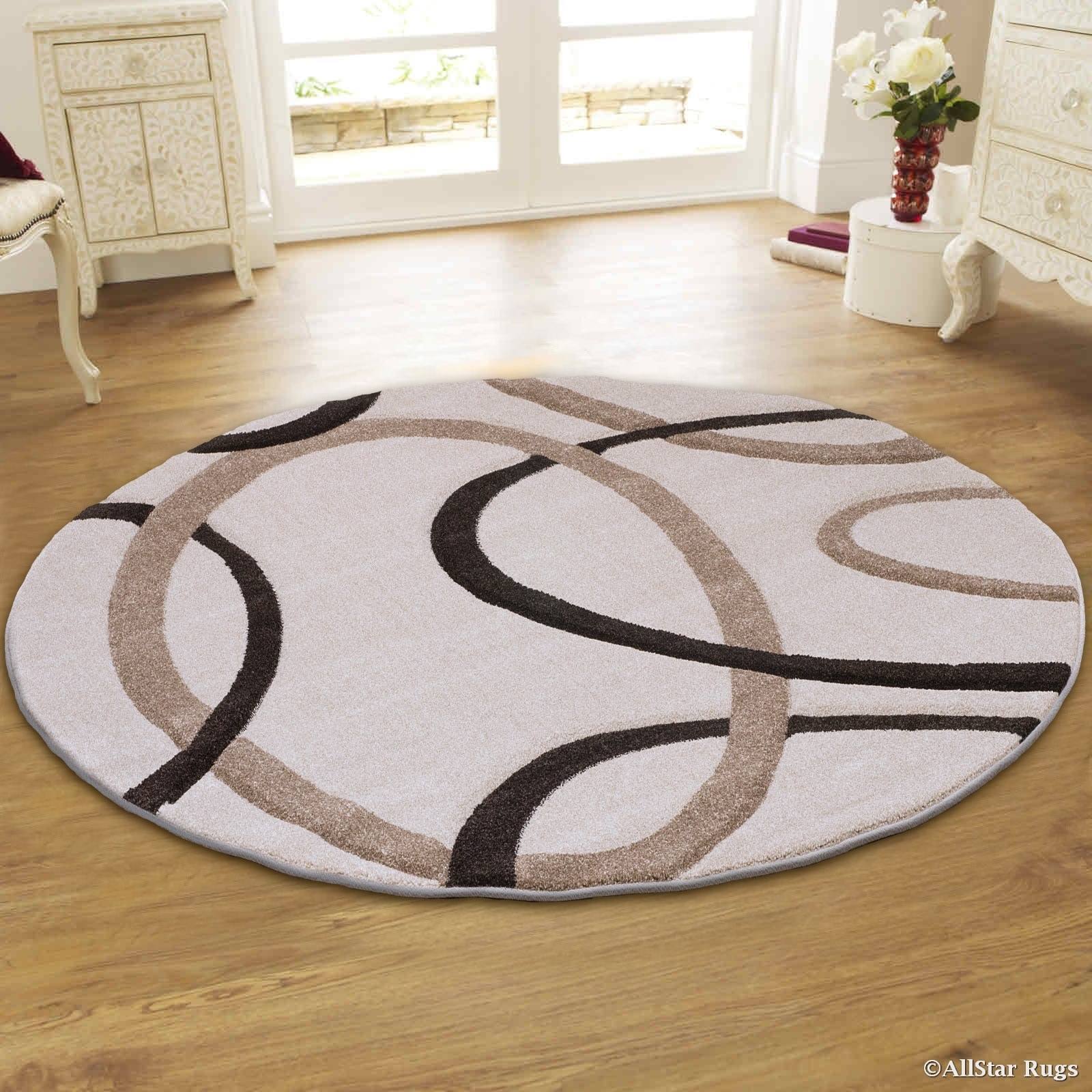 Shop Black Friday Deals On Allstar Ivory Round Modern Geometric Brown Circle Design Area Rug 5 5 X 5 5 Overstock 12203023