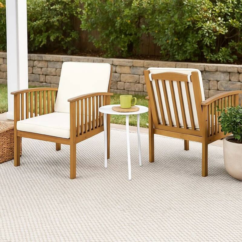 Gerry Outdoor Club Chairs Set of 2, Cream Fabric, Slatted Light Brown