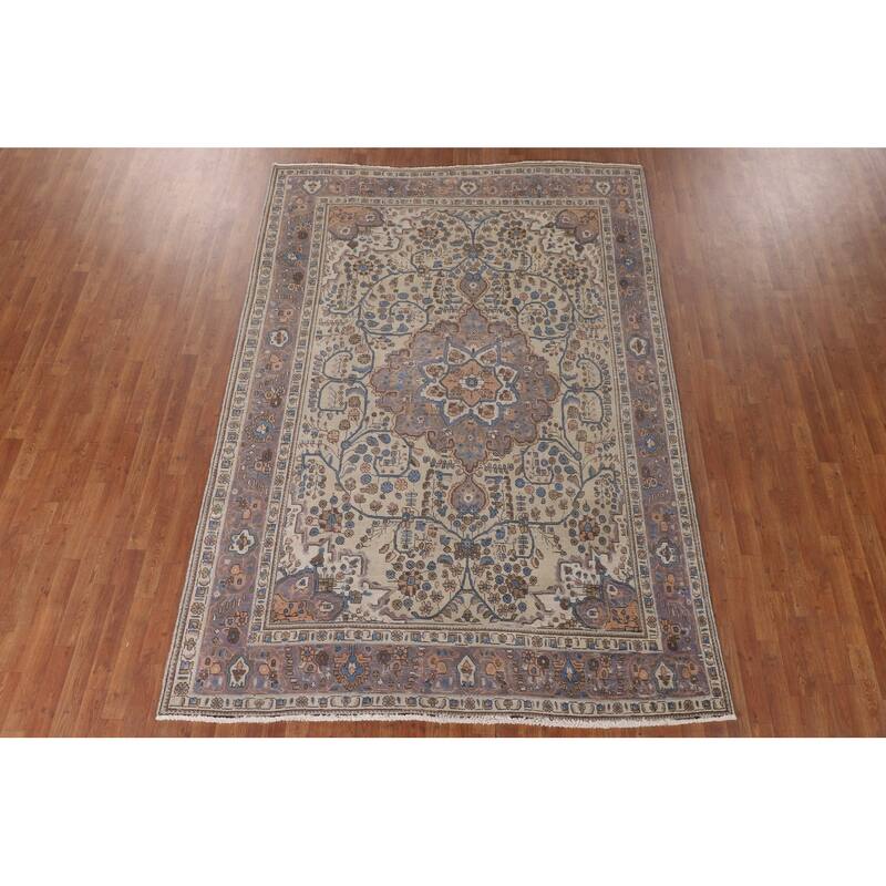 Traditional Tabriz Persian Vintage Rug Hand-Knotted Wool Carpet - 6'10"x 9'10"