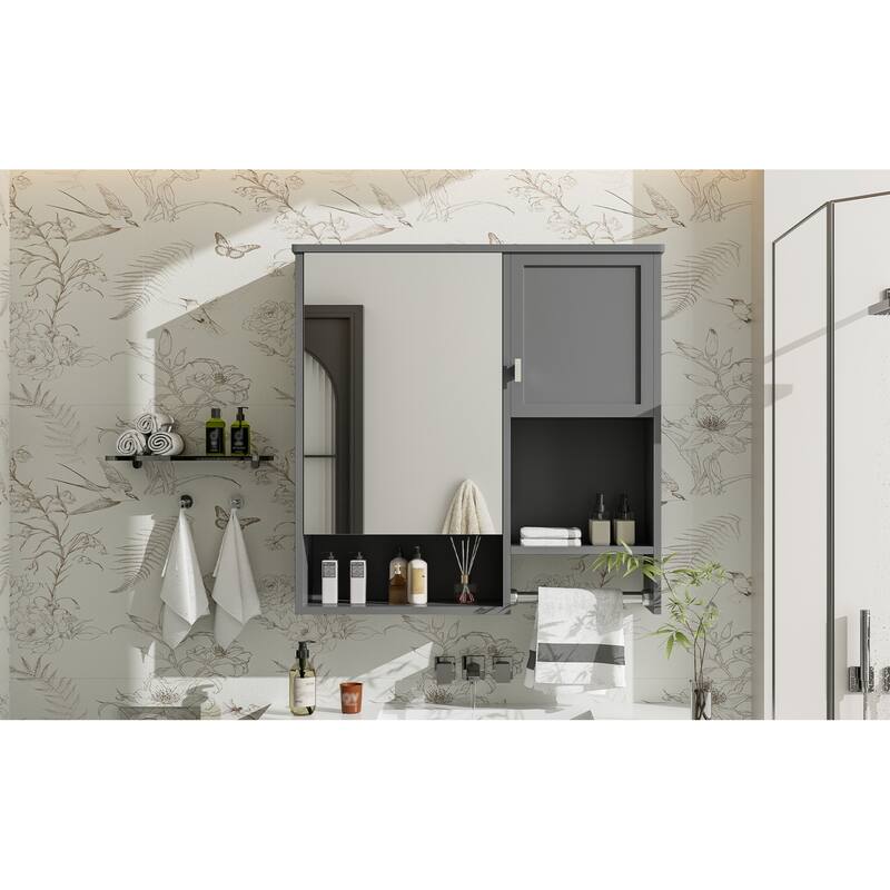 Roomfitters 29x28 Inch Modern Wall Mounted Medicine Cabinet, Mirror Storage Organizer with Integrated Towel Bar, Gray