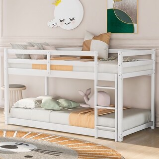 Twin Over Twin Solid Wood Floor Bunk Kids Bed with Ladder - Low Design for Safety, Full-Length Guardrails, Easy Assembly, White
