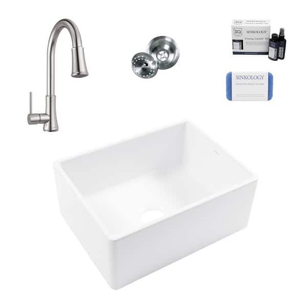 slide 2 of 10, Austen Crisp White Fireclay 24" Farmhouse Apron Front Undermount Single Bowl Kitchen Sink with Pfirst Faucet Kit