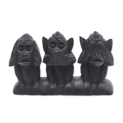 Novica Handmade Wise Monkey Trio Wood Sculpture