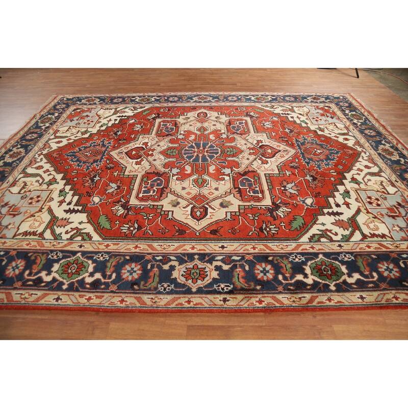 Orange Heriz Serapi Oriental Area Rug Hand-Knotted Wool Carpet - 9'0" x 11'10"