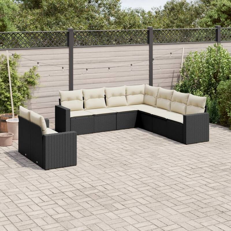 vidaXL Garden Sofa Set Black PE rattan 9 Piece set Adjustable Armrests - Black and Cream - 24.4 x 25.8 x 27.2 in (W x L x H)