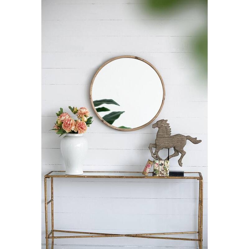 HomeRoots 28" Natural Rustic Brown Wood Frame Round Wall Mounted Accent Mirror - 27.6