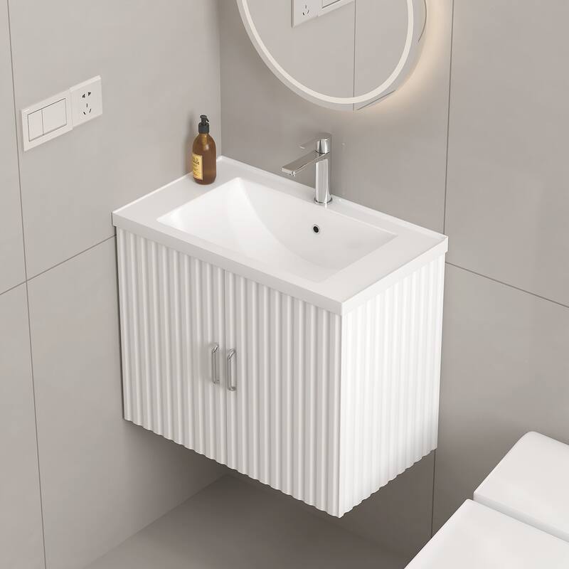 24" Wall-Mounted Floating Bathroom Vanity with Porcelain Sink, Soft-Close Doors, and Waterproof MDF Board