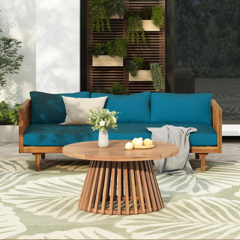 Christopher Knight Home - Claremont 3-Seater Daybed + Acacia Wood Table Patio Furniture Set - Dark Teal Cushion