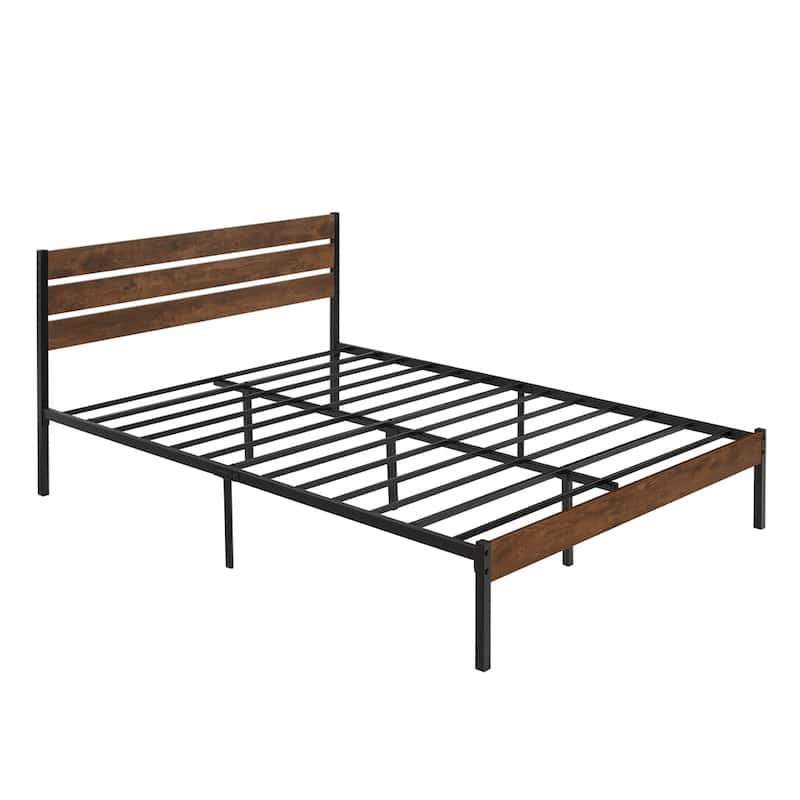 Wood Platform Bed Frame with Headboard and Metal Frame