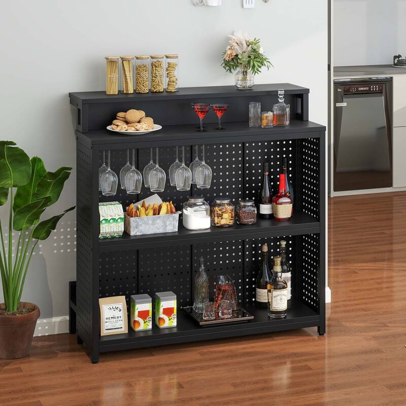 Moasis Liquor Home Bar Unit with 2-Tier Storage And LED Light - Black