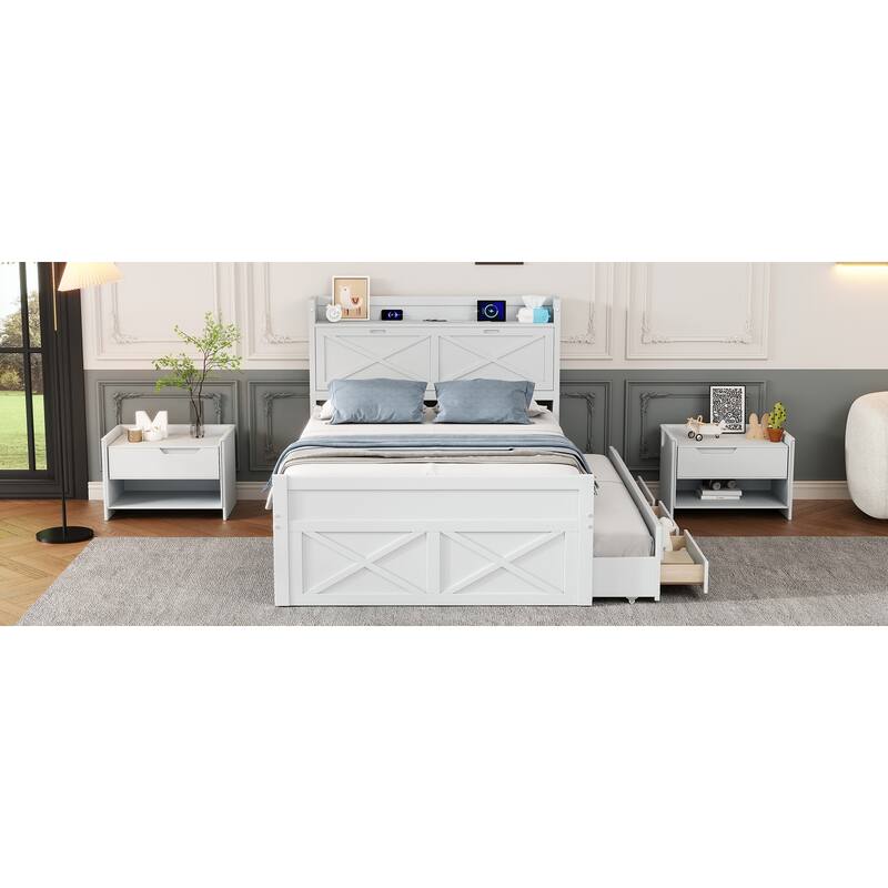 Full Size Wooden Storage Bed with Headboard Outlets, Extendable Trundle and Three Drawers, White